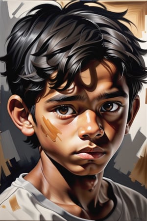  Create a gouache artwork on canvas depicting a 15-year-old Bolivian boy with caramel skin and tightly curled black hair. The focus should be a close-up of his face from a frontal view. Use the depth and vividness of gouache colors to capture the texture of his hair and the smoothness of his caramel skin, highlighting the nuances and contrasts of light and shadow. The piece should convey a sense of youth and inner strength, with precise brushstrokes that emphasize the expression of his face and the intensity of his features.





