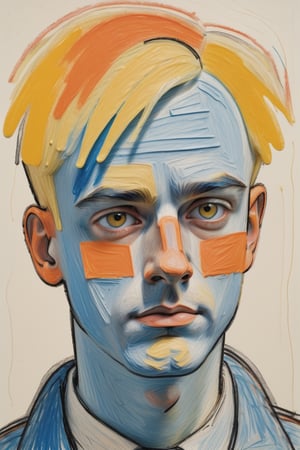 A close-up portrait of a 25-year-old Dutch man with fair skin and short, straight blonde hair, front view, in wax crayon style, using a vibrant color palette of soft yellows, light blues, and warm oranges with textured, layered strokes typical of wax crayons. Artists: Jean Dubuffet, Cy Twombly, Joan Miró.