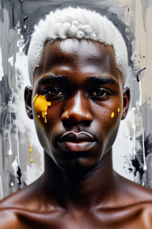  Create an oil painting artwork with color splashes, depicting a 23-year-old Cameroonian man with dark skin and short, straight white hair. The focus should be a close-up of his face from a frontal view. Use the rich texture of oil painting to capture the details of his skin and features, while vibrant color splashes bring movement and energy to the composition. His short, straight white hair should stand out strikingly against his dark skin, creating a visually impactful and expressive piece.






