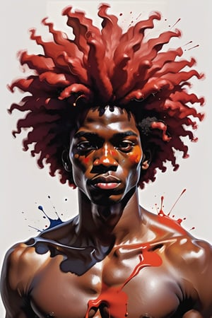 Create a gouache artwork with color splashes, depicting a 20-year-old Bolivian man with dark skin and short, red afro hair. The focus should be a close-up of his face from a frontal view. Use the vividness of gouache colors combined with dynamic splashes to capture the vibrant energy of his features, highlighting the contrast between the depth of his dark skin and the visual impact of his red afro hair. The piece should convey a sense of boldness and dynamism, with expressive brushstrokes that bring the composition to life and enhance the uniqueness of the portrait.