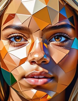 A polygonal art style of a beautiful 13-year-old Mexican girl with caramel skin tone and short, straight blonde hair, close-up of her face, front view. (((intricate details))), (((best quality))), (((extreme detail quality))), (((complex composition))), in the style of Charis Tsevis, Jen Stark, Liam Brazier.