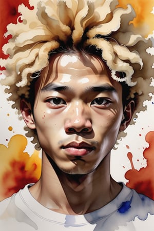 Create a watercolor and gouache artwork depicting a 20-year-old Vietnamese man with fair skin and blonde afro hair. The focus should be a close-up of his face from a frontal view. Use the softness and fluidity of watercolor for the gentler areas and the vibrant intensity of gouache to highlight the blonde afro hair and facial contours. The piece should convey a sense of balance between delicacy and boldness, with a harmonious combination of techniques that emphasize the uniqueness of his appearance and expression.