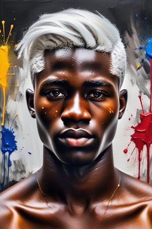  Create an oil painting artwork with color splashes, depicting a 23-year-old Cameroonian man with dark skin and short, straight white hair. The focus should be a close-up of his face from a frontal view. Use the rich texture of oil painting to capture the details of his skin and features, while vibrant color splashes bring movement and energy to the composition. His short, straight white hair should stand out strikingly against his dark skin, creating a visually impactful and expressive piece.






