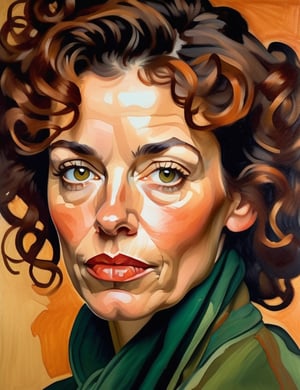 A close-up portrait of a beautiful 45-year-old American woman with caramel skin and loose, curly hair, serious expression, front view, in gouache style, using warm earth tones like deep browns, soft oranges, and subtle greens with a textured, matte finish. Artists: Mary Cassatt, John Singer Sargent, Egon Schiele.