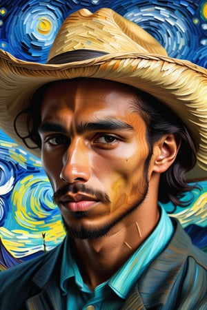 Create an artwork in the style of Vincent Van Gogh, depicting a 26-year-old Mexican man with caramel skin and long, straight hair. The focus should be a close-up of his face from a frontal view. Use the strong and vibrant brushstrokes typical of Van Gogh to capture the texture of his hair and the depth of his features, highlighting the contrasts of light and shadow. The piece should convey a sense of movement and emotion, with intense colors and expressive strokes that bring out the subject's personality, reflecting Van Gogh's unmistakable style.