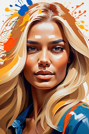  Create a gouache-style artwork with color splashes, depicting a beautiful 30-year-old Russian woman with caramel skin and long, straight blonde hair. The focus should be a close-up of her face from a frontal view. Use gouache to bring texture and depth to her features, while vibrant color splashes add dynamism and movement to the composition. Her long blonde hair should contrast elegantly with her caramel skin tone, creating a vibrant and expressive piece.