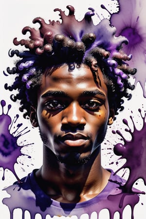 Create a watercolor artwork with color splashes, depicting a 23-year-old Jamaican man with dark skin and short, curly purple hair. The focus should be a close-up of his face from a frontal view. Use the softness of watercolor to create a fluid and harmonious background, while vibrant color splashes add energy to the composition. His curly purple hair should stand out against his dark skin, creating a striking and modern contrast that brings vitality and strength to the piece.