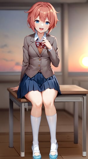sayori, red bow, small breasts, pleated skirt, :d, grey jacket, in classroom, sunset, sitting on desk, full body, white socks, blue footwear