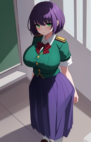 short-hair, purple_hair, green_eyes, uniform_green, long skirt, big_breast, school_uniforms, fat