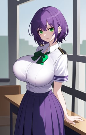 short-hair, purple_hair, green_eyes, uniform_green, long skirt, big_breast, school_uniforms