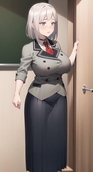 long_skirt, masterpiece, best quality, full_body, big_breast, highly detailed, intricate, hentai, professional artwork, trending on pixiv, Miriya, (mature female), curvy, milf, blush, confused, big ass, narrow waist, 1girl, alone,Karakter_Anime_Pake_Baju_SMA, school_girl, school_uniforms, uniforms,grey hair, medium hair