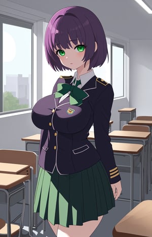 short-hair, purple_hair, green_eyes, uniform_green, long skirt, big_breast, school_uniforms, fat