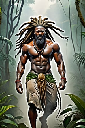a muscular bearded dreadlocks African god walks through the jungle covered by an evil mist
