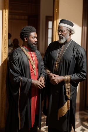 a blind white bearded dark skin African Mali king Black and his trusted adviser interact in the palace 