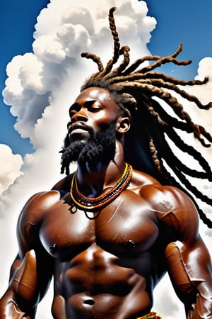 a muscular bearded dreadlocks African god descends from heaven in a cloud of thunder 
