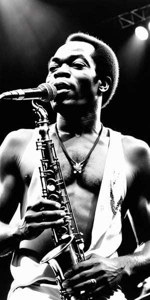 Capture the timeless quality of Fela's image as an immortal figure in African culture and beyond. Describe how his iconic silhouette, emblazoned with a saxophone or microphone, serves as a symbol of resistance, liberation, and the power of music to transcend barriers and unite humanity."
