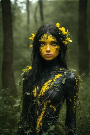 hyper-realistic, professional-quality photograph of a young woman with striking black and yellow salamander-like features, set in a wild, natural environment. Her skin is textured like a salamander’s, with bold patterns of glossy black and vibrant yellow that create a mesmerizing, high-contrast appearance. She has strong, piercing yellow eyes that reflect her connection to the wild, and her hair is a vivid, strong yellow, standing out dramatically against the natural surroundings.black light armor,menacing face. Her clothing is crafted from natural vegetation—leaves, vines, and flowers that are woven together to form a dress, blending seamlessly with the wilderness around her. The setting is deep in a lush forest, surrounded by rich greenery, towering trees, and dappled sunlight filtering through the canopy, casting a soft light on her unique features. The lighting in the scene is natural, enhancing the glossy texture of her black and yellow skin and the vibrant color of her hair and eyes. The overall composition highlights the harmony between her striking appearance and the wild environment, creating a visually stunning and ethereal image