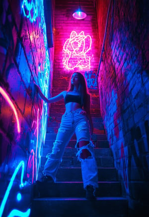 A neon-lit alleyway in New York City at dusk, the walls painted with vibrant street art. The female subject stands confidently against the brick surface, her figure highlighted by the glow of ben-dots and neon hues. She's dressed in a trendy outfit, complete with ripped jeans and a crop top, her arm resting on the wall as she gazes out into the night.