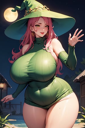 Caucasian,  High detail,  witch hat,  green hat,  pink hair,  gold eyes,  front view, dancing forward, gigantic breasts,  wide hips,  thick thighs, beauty mark,  earrings,  enormous breasts,  mature woman,  curvaceous,  long hair,  front view,  huge ass,  mature face,  red lipstick,  full lips,  sexy, chubby,  plump,  happy face, excited  green turtleneck, green sweater, breast squeeze, elbow squeeze, cottage nighttime
