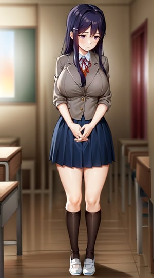 yuri, large breasts, pleated skirt, shy, looking away, grey jacket, in classroom, sunset, school_uniforms, uniforms, long skirt, full body, whole body, chubby, sexy, perfect hands