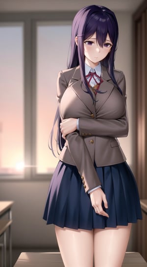 yuri, large breasts, pleated skirt, shy, looking away, grey jacket, in classroom, sunset