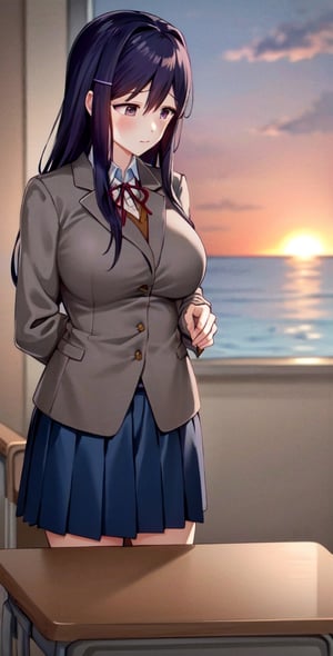yuri, large breasts, pleated skirt, shy, looking away, grey jacket, in classroom, sunset