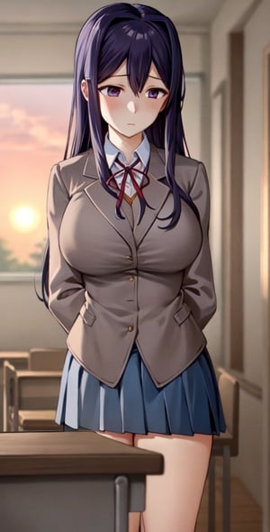 yuri, large breasts, pleated skirt, shy, looking away, grey jacket, in classroom, sunset