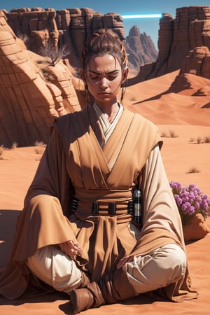 (Jedi meditation:1.3), serene photo,1girl, Jedi master in deep meditation,  in jedioutfit, sitting cross-legged,  (desert oasis:1.1), surrounded by blooming desert flowers, harmonizing with the Force, spiritual retreat, transcendent tranquility, desert enlightenment,  Absurdres, hdr, ultra detailed illustration, extremely detailed face, RAW photo, film grain, skin pores, trending on deviantart, jedioutfit