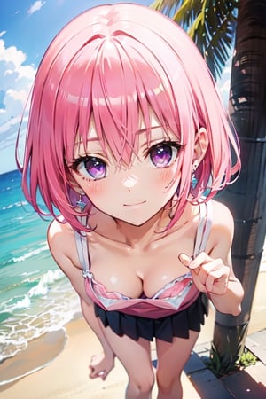 best quality, masterpiece, (realistic:1.2), (beach), (tank top, mini skirt, earrings, underwear), (from above:1.2), (focus cleavage:1.3), (seductive smile), (spoken heart), (upturned eyes), {{{{8k wallpaper}}}}, {{{{extremely detailed eyes}}}}, {{{{extremely detailed body}}}}, {{{{extremely detailed finger}}}},(((best quality))), ((official art)), (best anatomy), solo, 1girl, (kawaii), (five digits), (speculum), (4k), (high resolution), ((thin waist)),(nabel),(Beautiful breasts),(beautiful leg:1.3),(skinny leg),(beautiful hands:1.2),(teats),(very slim),(slender:1.2),(ribbed),(skinny limbs),(beautiful vagina:1.3),(beautidful eyes:1.1), (((Beautiful face:1.5))),(best quality:1.1), (masterpiece:1.4), (absurdres:1.0), portrait, close up,1girl, bob cut, medium hair ,pink hair, bob cut,purple eyes, ( pink under hair:1.3), ((((medium breasts:1.5)))), (blush:1.2), ((small hip)), medium hair, pink hair, disheveled hair,(20 years old)