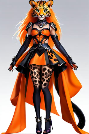 An orange leopard-skinned girl with feline features, elongated ears with a long black lion's mane, wearing a gothic lolita dress inspired by the trans flag and high heels., hyper-realistic high-fidelity portrait emphasizing maximum beauty and aesthetic standards.  \(ek_ges1ba\) warrior \(detailed exquisite face\),ek_game_3ffect