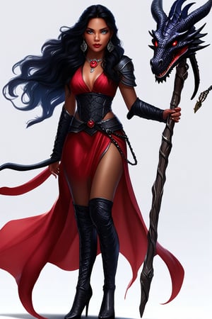 Sorceress of Latin origin, long wavy black hair, fair skin, blue eyes, wearing a red dress and tunic made with the skin of a black dragon and black high-heeled boots, holding a dragon skull staff, hyper-realistic high-fidelity portrait emphasizing maximum beauty and aesthetic standards.  \(ek_ges1ba\) warrior \(detailed exquisite face\),ek_game_3ffect