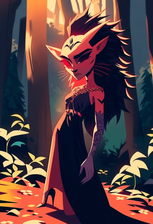 A close-up shot of an ethereal orange-skinned girl posing in front of a dark, mystical forest backdrop, illuminated by a soft, golden light. Her feline features are accentuated, with elongated ears and a majestic black lion's mane cascading down her back. She wears a striking gothic lolita dress, inspired by the trans flag's vibrant colors, with intricate lace details and high heels that seem to defy gravity.