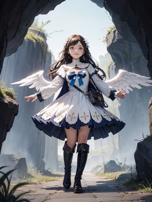 1 GIRL, ALONE, LONG HAIR, BLUE EYES, SMILE, ARMS BEHIND, TAILS, LOOKING AT THE SPECTATOR,r, NUNS CAPELET WHITE DRESS, LONG SLEEVE LONG SKIRT WHITE SKIRT NECKLACE EARRINGS BLUE BOW TIE, KNEE BOOTS WHITE SHOES.  ANGEL WINGS, WHITE DRESS, BLUE BOW
ood hands, perfect hands, pretty face, perfect face, childish face , full body, perfect body, pretty stockings, walk, night, dungeon, dark dungeon, muddy dungeon, perfect dungeon, nice dress, perfect dress, cave, dark cave, crying, darkness, crying, wall, stone wall, cave, hell, hell, hell, monster, perfect monster, monster, storm, 