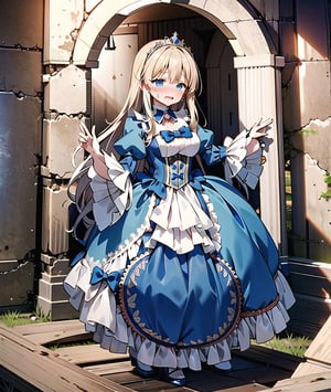 1GIRL, KAORUKO TENKAWA, LONG HAIR, BLUE EYES, BLONDE HAIR, BOW, HAIR BOW, TIARA
LO DRESS, LAYERED DRESS, LONG DRESS, LACE-TRIMMED DRESS, FRILLS, PUFFY SLEEVES, WIDE SLEEVES, BOW, JEWELRY, LONG SLEEVES, HAT), TIARA,
ood hands, perfect hands, pretty face, perfect face, childish face , full body, perfect body, pretty stockings, walk, night, dungeon, dark dungeon, muddy dungeon, perfect dungeon, nice dress, perfect dress, cave, dark cave, crying, darkness, crying, wall, stone wall,  castle, palace, perfect palace,  pretty dress, perfect dress, castle, palace, perfect palace, palace