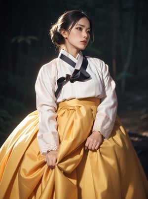  long hair to the floor, barefoot, white skin, Hanbok made of silk, a woman in measuring hanbok, holding a round transparent ball, forest background, low indirect lighting, insidious thoughts, obscene gestures, degenerate expressions, cinematic, full_body,nindi,
