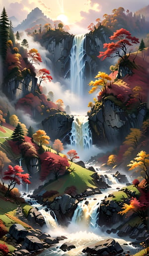 Super high quality, detailed gouache and watercolor painting, center, close-up, waterfall, early morning, golden hour, peaceful autumn scene, decorated in the gentle embrace of mist, peaceful countryside, hills, vibrant tones of gold and crimson leaves , their tones enhanced by the diffuse light of the sun behind fog, serene and dreamy atmosphere, Thomas Kinkade and James McIntosh Patrick, meticulous attention to detail, tiny details, volumetric light, 8k, hdr, high Contrast, ambient occlusion, perfect composition