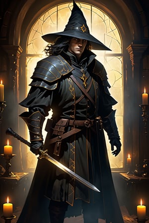 A dark and foreboding scene unfolds before us. A witch hunter stands at attention, his worn leather armor and silvered blade a testament to his unyielding dedication. The flickering candlelight casts eerie shadows on the walls as he surveys the room, his sharp eyes taking in every detail.

In the background, broken furniture bears scars from battles with malevolent entities. Cracked mirrors reflect distorted images, hinting at spectral apparitions lurking just beyond our view. Every creak of the floorboards echoes through the oppressive silence, heightening the sense of unease.

Cobwebs drape like ghostly curtains, their delicate strands quivering in the cold breeze that sends shivers down the witch hunter's spine. Yellowed photographs on the walls seem to whisper secrets, their scratched-out faces a haunting reminder of the darkness that lurks within.

As he navigates the room's cryptic symbols and ancient tomes, his presence radiates an air of grim determination, countering the encroaching shadows that seek to ensnare unwary souls. Amidst the faint scent of decay or sulfur, the witch hunter remains steadfast, a beacon of resolve in the face of darkness.