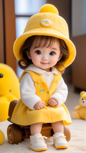 Front view, children's room,, realistic high quality, portrait photography, full body, toys, children's bed, Pixar animation movie scene style, beautiful big eyes smart and pretty and lively little girl, 3 years old, wearing fluffy white and yellow clothes, Cute hat, cute little Ute, smiling happily, cute and sweet, realistic high quality portrait atcylat to portra the swoomk motama motoama waraion the ellow fook waamayalay moitulak the Unoomh. Vibrant and romantic light bokeh, full body