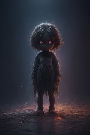 In a dimly lit, cartoon-style studio, a petite girl with intense eyes stands amidst an eerie atmosphere. Her tangled hair obscures her face as she clutches a blackened brush, surrounded by twisted limbs and distorted faces on the canvas. The air is heavy with tension as she brings forth malevolent forces from her subconscious. The walls seem to close in, the floor tilting at odd angles. Her unblinking eyes behold unseen horrors. Paint drips like blood across the floor, taking on a life of its own. In this 3D, colorful Halloween scene, the studio transforms into a prison, with the girl as both captor and captive.