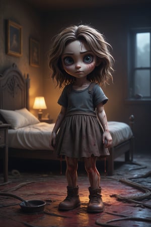 In a dimly lit, eerie mansion bedroom, styled in a cartoonish manner, a sweet and innocent little girl stands amidst an unsettling atmosphere. She is dressed in ragged, post-apocalyptic-style clothing, her intense eyes shining with purity and curiosity. Tangled hair partially obscures her face as she tightly grips a charred brush.

Around her, the walls of the bedroom seem to close in, their cartoonish features taking on a surreal twist. Twisted limbs and distorted faces emerge on the canvas she works on, creating an unsettling contrast with the colorful yet foreboding scene. The air is heavy with tension, as if the room itself holds secrets and unseen forces.

Despite the innocence in her gaze, the girl perceives hidden horrors within her own creation. Paint drips from the canvas like blood, taking on a life of its own on the warped floor beneath her feet. This 3D, colorful portrayal transforms the mansion bedroom into a convergence of innocence and unsettling imagination, where the boundaries between reality and the surreal blur ominously.