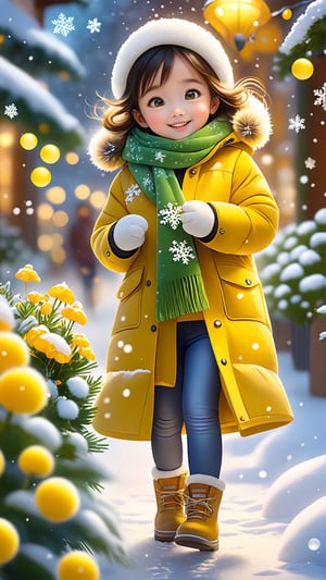 Front view, winter style, snowing, realistic high quality, portrait photography, full body, flowers and trees, Pixar anime movie scene style, a beautiful big eyes so chai ming and beautiful reckless little girl, 3 years old, wearing fluffy white and yellow Coat and scarf, cute little Ute. Blowing snowflakes, dancing with snowflakes, smiling happily, transparent bubbles floating around her, cute and sweet, realistic high quality portrait atcylat to portra the swoomk motama motoama waraion the ellow fook waamayalay moitulak the Unoomh. Vibrant and romantic light bokeh, blooming flowers, realistic and green plants stunning story and lights as background, full body