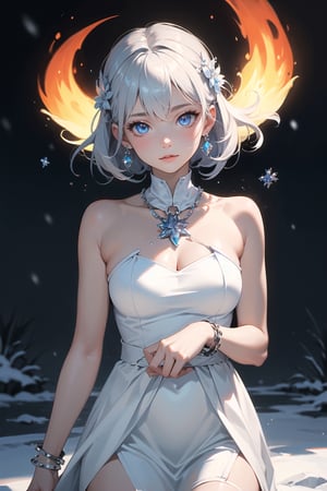 (masterpiece,best quality:1.5), vivid, vibrant ,1girl,  solo,  looking at viewer, crystalise eyes, ice, white dress, cystalise hair ornaments,  glowing,  chain, snow,  glowing eyes,  flame