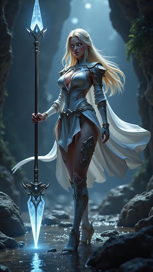 (((Epic fantasy artwork, warrior-mage class female character, dynamic action pose, ultra-detailed, hyper-realistic, 8K resolution, dramatic lighting, fierce confident gaze, elegant magical materials, modern white battle costume, beautiful warrior attire, flowing blonde hair, glowing white eyes, powerful stance, long spear, glowing white crystal, illuminating darkness, reflections in water, mystical cave background, ready for battle)))

A warrior-mage class female character, embodying a fierce and confident warrior spirit, with sharp, determined features, flowing blonde hair cascading around her shoulders, fair skin, and glowing white eyes. She is dressed in a stunning modern white battle costume that blends elegance and functionality, featuring a short skirt that highlights her warrior grace. She stands in a dark, mystical cave, holding a long spear that resembles a traditional war spear, adorned with a glowing white crystal at its sharp tip, casting a bright light that penetrates the surrounding darkness. The crystal reflects light beautifully, illuminating her face and surroundings, while the water in the cave reflects shimmering patterns of light, enhancing the magical atmosphere. Standing tall with a powerful stance, she gazes fiercely into the depths of the cave, captured from a low angle to emphasize her warrior essence and readiness for battle.