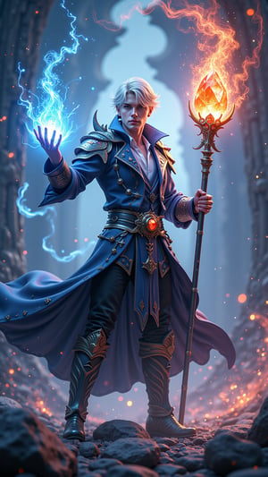 (((Epic fantasy artwork, dynamic pose, masterpice, best quality, offical art, extremely detailed CG unity 8K wallpaper, 8k resolution, perfect face, cinematic lighting, hyperrealistic))),BREAK A mystical male light mage, stands poised in a dynamic spell-casting pose,BREAK, surrounded by swirling light energy and magical auras. ,BREAK,He wears modern, elegant clothing adorned with glowing, ethereal patterns that reflect his connection to the mystical arts.,BREAK, In one hand, he grasps a metallic long staff topped with a radiant crystal, emitting beams of magical light that dance across his fair skin. ,BREAK,The air around him is alive with an otherworldly glow, imbuing him with a divine and powerful presence as if channeling ancient wisdom and harnessing celestial forces.,FluxBoost,10xRFBoost,Midjourney_Whisper