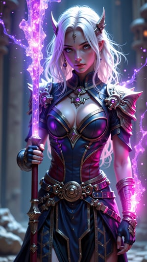 In a breathtaking 8K resolution cinematic shot, a majestic assassin-mage stands confidently, her full-body figure framed by the radiant glow of the vibrant magical crystal on her spear. Her fair skin glistens under cinematic lighting as she assumes an action pose, exuding fierce determination in her modern battle costume, a blend of elegance and functionality that accentuates her warrior attire. The air is charged with anticipation as she prepares for the adventure ahead, the light from the crystal casting an intense glow on her sharp, determined features, detailed face features, and amazing details. Her short magical warrior costume glows softly, complementing her white hair.