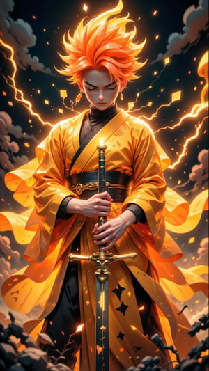 depicting a fierce battle scene, amazing storm mage power on katana and character, inspired zenitsu agatsuma characters from demon slayer anime . The central figure is a young man with spiky, orange hair and a determined expression, holding a one extremly-detailed gold katana in both hands. Katana have powerful storm power, katana seems like a ancient storm katana with elemental features. His eyes are closed, suggesting intense concentration or focus. He is dressed in a vibrant orange and yellow kimono-like garment, which billows dramatically around him, adding to the dynamic and intense atmosphere. The kimono has a pattern of triangles, and the fabric appears to be thick and textured. He also wears a black belt with a rectangular buckle, securing his kimono. The background is a swirling mass of dark, smoky clouds, with golden, electric-like bolts of lightning crackling through them, creating a sense of chaos and danger. The lighting in the image is primarily warm, with the orange and yellow tones dominating, emphasizing the intense energy and power of the scene. The overall mood is one of determination, strength, and impending conflict, typical of anime battle scenes.,NiJi_2_FLUX,aidmafluxpro1.1,aidmasoftglow,aidmaGlow, golden hours