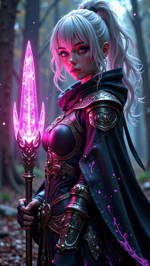 (((full body))), In a breathtaking 8K resolution cinematic shot, a majestic assassin-mage stands confidently, her ultra-detailed features illuminated by the radiant glow of the vibrant magical crystal on her spear. Her fair skin glistens under cinematic lighting as she assumes an action pose, exuding fierce determination. The modern battle costume, a blend of elegance and functionality, accentuates her warrior attire. The air is charged with anticipation as she prepares for the adventure ahead, the light from the crystal casting an intense glow on her sharp, determined features, detailed face features, amazing details, the spearhead is made of a magical pointed crystal,short magical warrior costume, glowing, white hair and costume