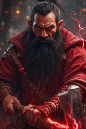 A hyper-realistic fantasy dwarf character with short stature, black hair, and a long black beard adorned with red bead clasps. The dwarf appears middle-aged and is holding a long-handled metal axe. Red lightning bolts emanate from the axe as the dwarf swings it powerfully. The scene focuses on the dwarf and his axe, highlighting the red lightning and energy coming from the weapon
