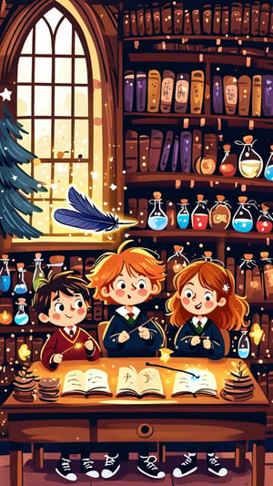 (((magical place, harry potter movie, harry potter, rom weasley, hermonie granger))) In a whimsical 2D illustration style reminiscent of children's storybooks, show a magical classroom scene where three young wizards, Harry Potter, Hermione Granger, and Ron Weasley, are seated at a wooden desk. They are eagerly practicing the 'Wingardium Leviosa' spell, focused on a feather that is floating above their desk. Harry and Hermione appear determined, while Ron looks a bit puzzled. The classroom is colorful and inviting, filled with wooden shelves lined with potion bottles and spell books, along with glowing candles casting a warm light. In the foreground, Professor Flitwick, a cheerful short wizard with a pointy hat, stands with a proud smile, observing the feather that sparkles with magical dust underneath it.