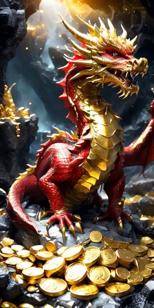 Red and black dragon, standing on a pile of gold coins and treasure in a cave, Dragon,